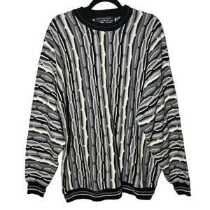 Vintage Protege Mens 3D Knit Black White Gray Patterned Grandpa Sweater Size XXL